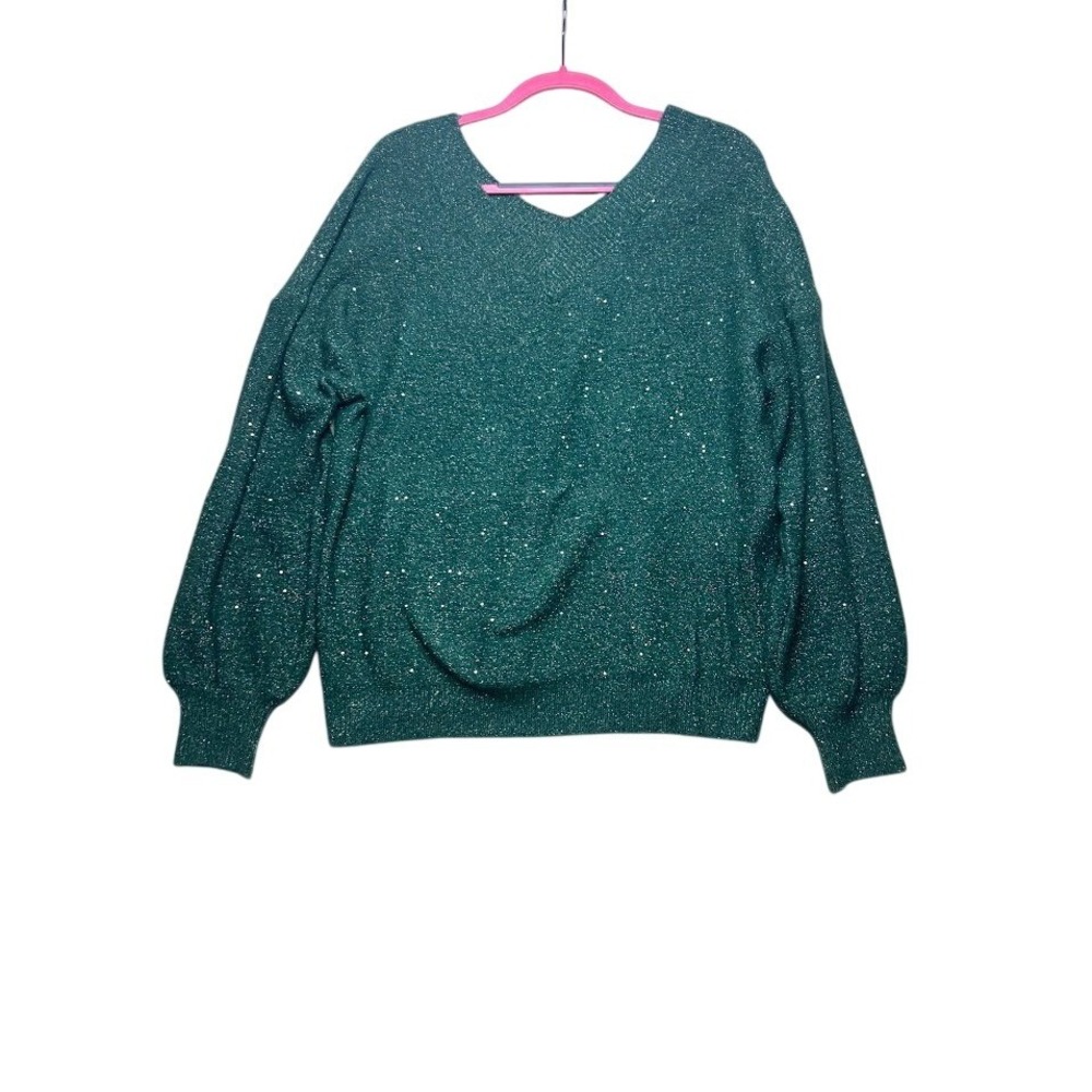 Listicle‎ Womens Green Sequin Metallic V-Neck Balloon Sleeve Sweater Small